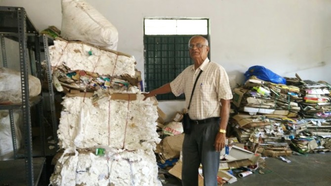 Senior activist N S Ramakanth of Solid Waste Management Round Table (SWMRT) at the Yelahanka dry waste collection centre, Ward 2.